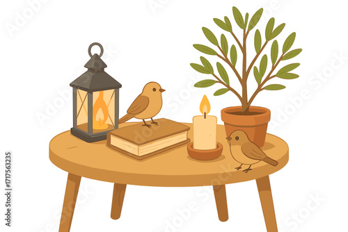 Cozy hygge lifestyle concept. Scandinavian style interior decor composition with table, lantern, book, candle, potted plant and birds. Autumn home comfort vector illustration.