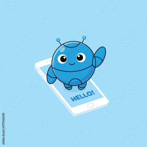 Cute blue robot mascot saying hello on mobile phone