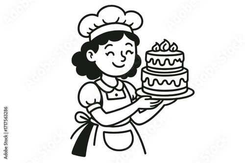 Cute female cook holding a wedding or birthday cake. Doodle vector illustration of a happy baker character in an apron for a bakery and pastry shop logo or mascot concept.