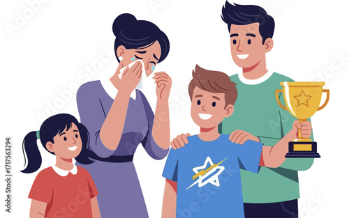 Family Reaction to Childs Trophy Win Joyful Son Proud Father Tearful Mother Happy Sister.