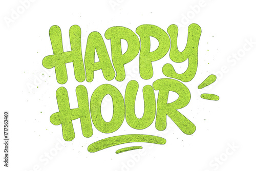Happy Hour cool spray lettering in graffiti style. Vector hand drawn textured graphic for bar promotion. Street art sign for drink specials. Modern urban cartoon illustration.