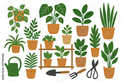 Urban jungle collection of houseplants in pots. Set of various green potted plants and gardening care tools like watering can, trowel and scissors. Vector flat doodle illustration.