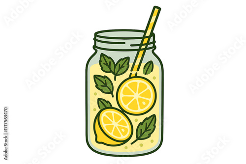 Lemonade in a mason jar vector icon. Fresh lemon and mint detox water illustration. Healthy homemade summer cocktail drink with straw. Flat cartoon for menu, isolated design.