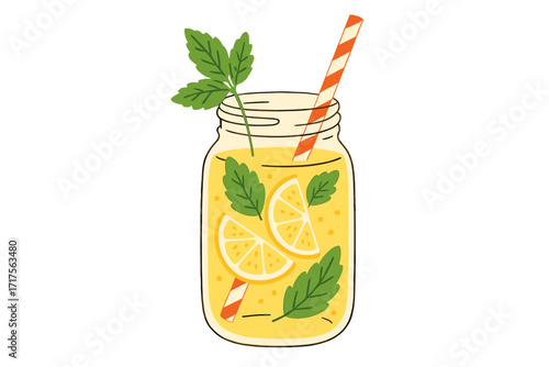 Isolated glass jar of sweet detox cocktail. Delicious refreshing lemonade with lemon slices, green mint leaves, and striped straw. Flat hand drawn vector design for menu.