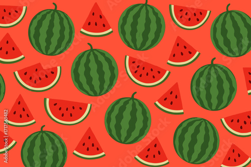 Juicy watermelon seamless pattern. Whole and sliced summer fruit on red background. Healthy tropical food concept. Hand drawn cartoon vector for textile, wallpaper or fabric.