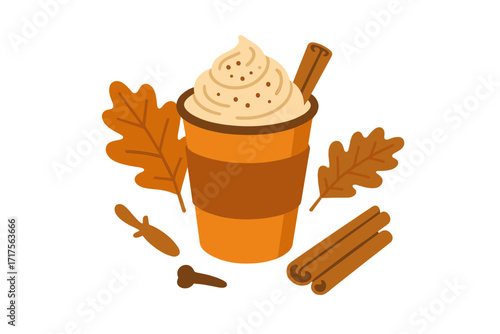 Pumpkin spice latte coffee cup with whipped cream and cinnamon stick. Autumn hot drink. Fall seasonal beverage with oak leaves and cloves. Vector illustration for menu design.