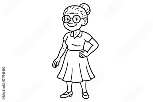 Old woman vector doodle illustration. Elderly female person, fit grandmother character with eyeglasses. Senior adult, granny portrait for coloring book. Stylish in every age.