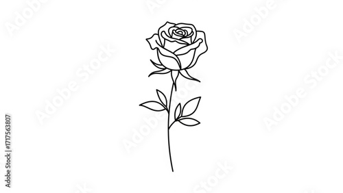 Elegant black line drawing of a rose with detailed petals and leaves on a white background