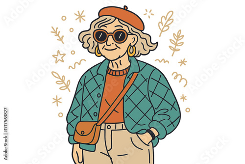 Stylish senior woman in trendy French outfit. Fashionable old lady character with gray hair wearing beret and sunglasses. Active grandmother lifestyle. Doodle vector illustration.