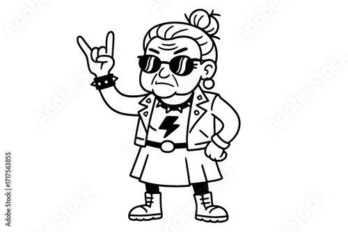 Punk senior woman character with heavy metal horns hand. Rock roll gesture. Cool old lady. Vector doodle black and white. Rebel granny. Cartoon elderly person. Funky grandmother.