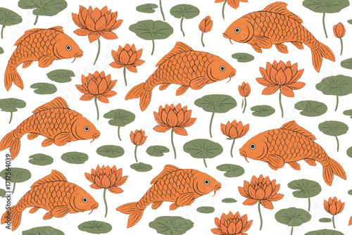 Seamless floral pattern with orange carp fish and lotus flowers, side view nature backdrop, traditional water garden design, vector cartoon for textiles, packaging, web decoration