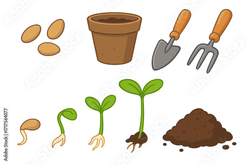 Gardening seeds and seedlings set with sprout germination stages, planting tools, soil and pots collection, garden growth process illustration on white background