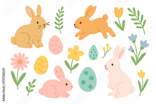Easter holiday elements collection with cute little rabbits, colorful decorated eggs, hand-drawn spring flowers, isolated flat vector cartoon illustration for festive design