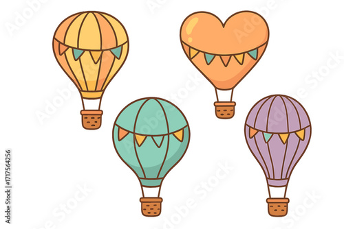 Set of Cute Hot Air Balloons in Different Shapes with Colorful Triangle Flags, Isolated Collection of Hand-Drawn Flat Balloon Vectors for Celebration, Party, Card Design