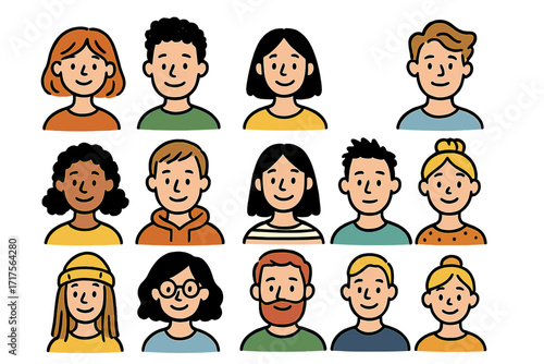 Diverse set of people avatars for social media and website, hand-drawn doodle portraits of men, women, girls, and guys, trendy colorful head icons collection, vector art
