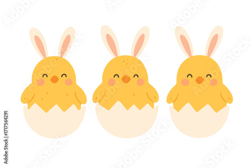 Cute Easter chicks in cracked eggshells with bunny ears, set of three happy spring holiday characters. Hand-drawn vector illustration for seasonal decoration and celebration