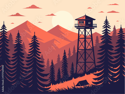 a forest landscape at sunset with layered silhouettes of pine trees in warm orange, red, and purple tones. A tall wooden watchtower stands above the trees, with a small cabin on top. Firewatch. 