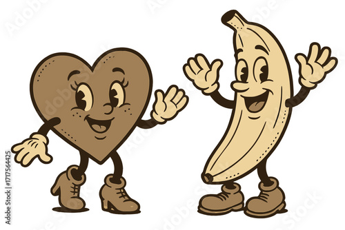 Vintage retro mascot couple illustration. Kawaii food characters heart and banana with faces, arms, legs, ankle boots, gloves. 1930s style cartoon, humanized fruit and love symbol