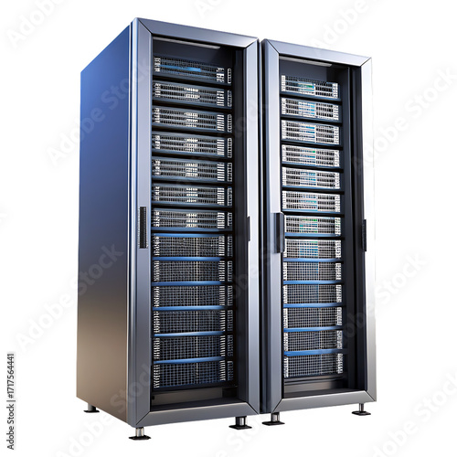 Two Tall Server Racks With Network Equipment On Transparent Background computer technology isolated on a transparent background