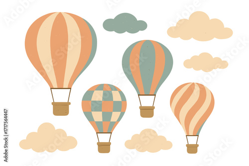 Vintage hot air balloon festival card with clouds, set of air balloons for adventure and travel, pastel colors vector illustration, flat hand-drawn cartoon style, whimsical sky scene