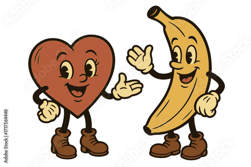 Vintage retro kawaii food mascots couple, heart and banana characters with legs, arms, gloves, boots, smiling faces, 1930s style cartoon animation, humanized fruit and love symbol