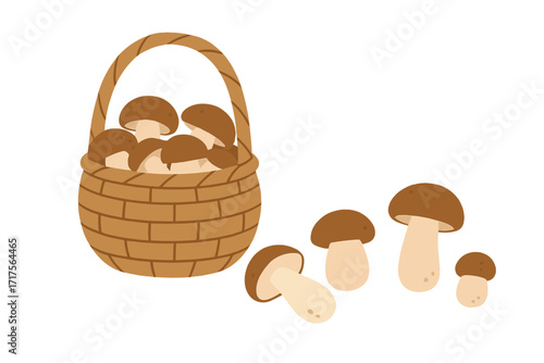 Wicker basket filled with porcini mushrooms, isolated on white background, set of edible wild forest mushrooms, cut fungi, hand-drawn flat vector illustration, cartoon style cooking and nature