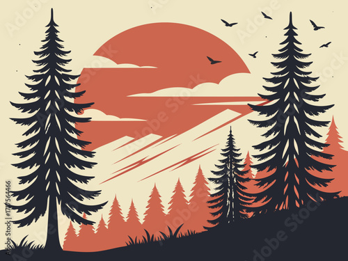 a forest landscape at sunset with layered silhouettes of pine trees in warm orange, red, and purple tones. A tall wooden watchtower stands above the trees, with a small cabin on top. Firewatch. 