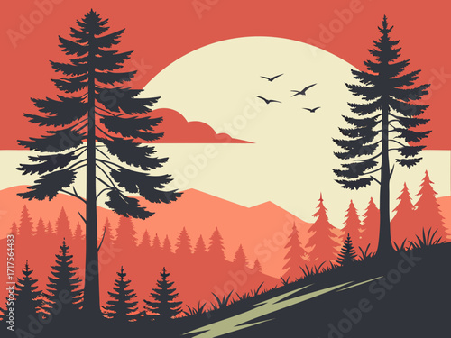 a forest landscape at sunset with layered silhouettes of pine trees in warm orange, red, and purple tones. A tall wooden watchtower stands above the trees, with a small cabin on top. Firewatch. 