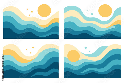 Abstract Ocean Wave Background Vector Set with Sun and Bubbles, Summer Holiday Theme, Cartoon Style, Decorative Transparent Illustrations, Layered Sea Waves Design