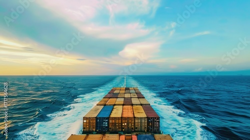 An aerial view of an ocean-going container ship sailing across the azure ocean showcases the global trade and maritime shipping industry in full swing.