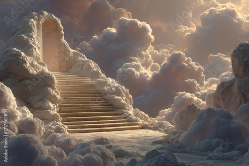 Ascending white marble stairs toward radiant light surrounded by fluffy clouds. Concept for spiritual journey, afterlife imagery and theological illustration