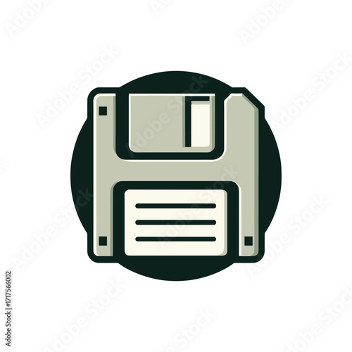 Vintage floppy disk icon on a circular background, symbolizing retro technology and data storage