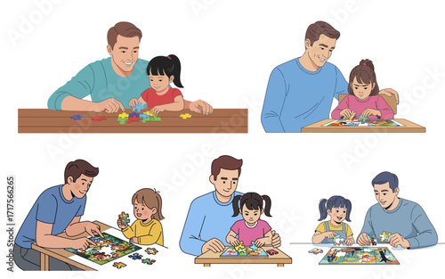 Fathers and Daughters Engaged in Collaborative Puzzle Building.