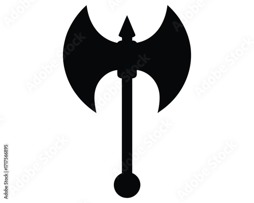A powerful black silhouette of a double-headed battle axe, symbolizing strength and ancient warfare