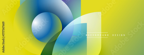 Abstract geometric shapes overlap. Vivid colors blend, creating dynamic visual effect. Yellow dominates background, complemented by blue, green hues.