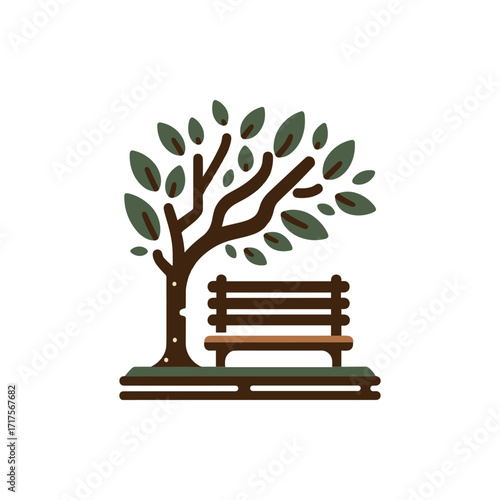 A serene park scene featuring a tree and bench, inviting relaxation amidst nature