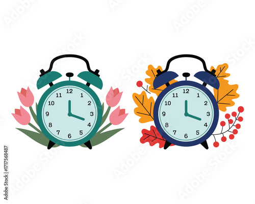 Seasonal time change concept with alarm clocks representing spring forward with tulips and fall back with autumn leaves for daylight saving