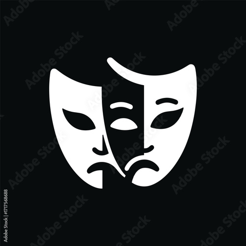 Abstract representation of drama masks symbolizing emotions, set against a dark background