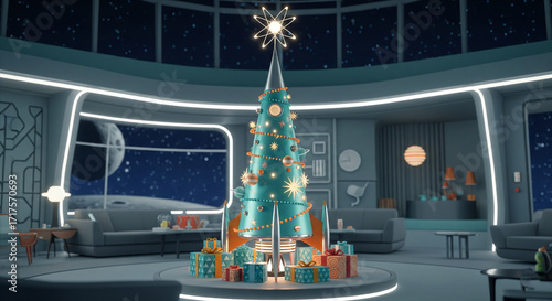 Vintage space age Christmas — retro 60s futuristic rocket-shaped Christmas tree