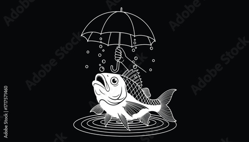 Vector art of a whimsical illustration of a fish holding an umbrella to protect itself from rain, standing on ripples 