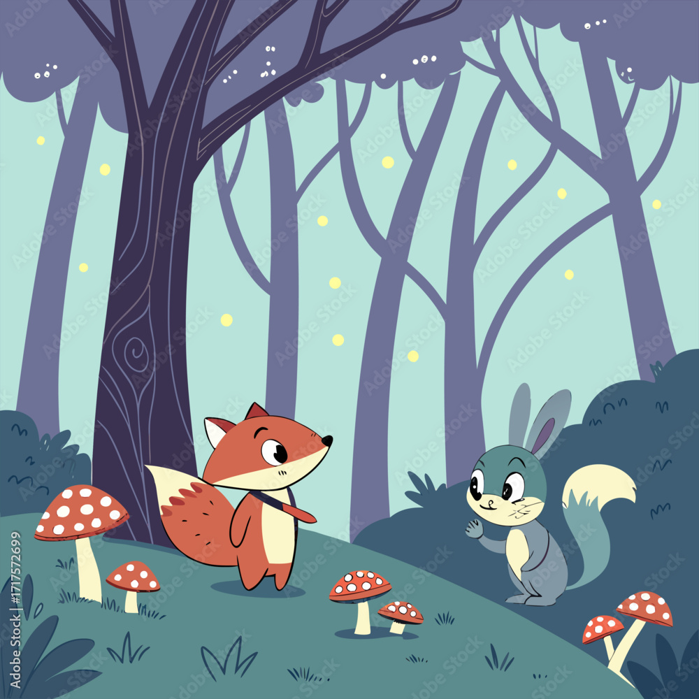 Fototapeta premium Cute Fox and Squirrel in Forest – Cartoon Animal Illustration
