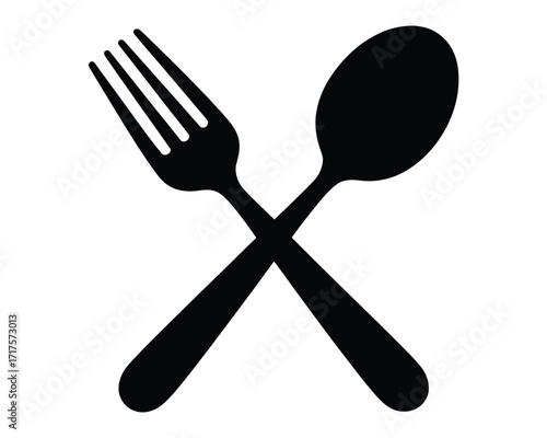 Simple black vector icon of a crossed fork and spoon, an isolated silverware silhouette for food, kitchen, and eatery concepts