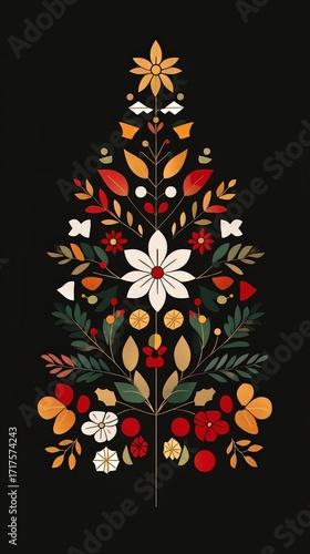 A stylized Christmas tree design featuring an arrangement of flowers and leaves in warm tones of red, gold, and white against a black background.