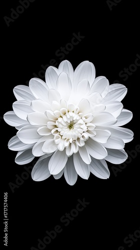A single white chrysanthemum flower with layered petals stands against a solid black background, highlighting its delicate and symmetrical beauty.