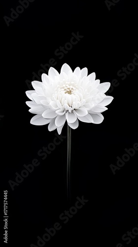 A single white chrysanthemum flower with layered petals stands against a solid black background, highlighting its delicate and symmetrical beauty.