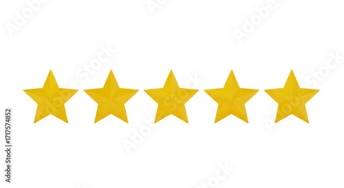 Five Golden Stars Rating, 3D Render, Excellent Quality, Feedback, Review, Award, Achievement, Success, Icon, Symbol, Graphic, Design, Business, Customer Satisfaction, Star Rating, Five Star Revie