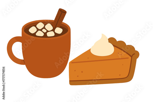 Cup of cocoa with marshmallow and cinnamon stick, slice of pumpkin pie with cream. Thanksgiving holiday dessert. Cozy autumn food concept. Vector flat hand drawn illustration.
