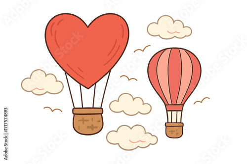 Valentine's Day card with heart shaped hot air balloon. Love romance concept. Couple flying in the sky with clouds. Romantic travel journey. Vector cartoon flat illustration.