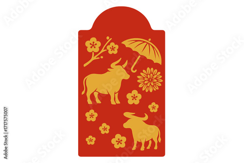 Chinese New Year of the Ox design. Lucky red envelope or money packet with gold paper cut ox silhouette, plum flowers and umbrella. Asian lunar new year tradition vector.