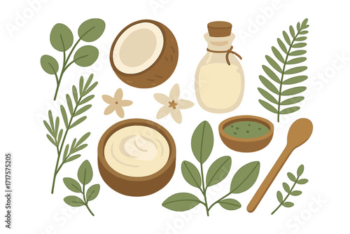 Flat lay vector set of natural cosmetic ingredients. Homemade organic skincare concept with coconut, shea butter, essential oil, herbs, and plants. DIY beauty for spa and wellness.